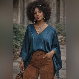 Dana Buchman Blue Boho Poncho Top – Flowy V-Neck Festival Tunic- Medium